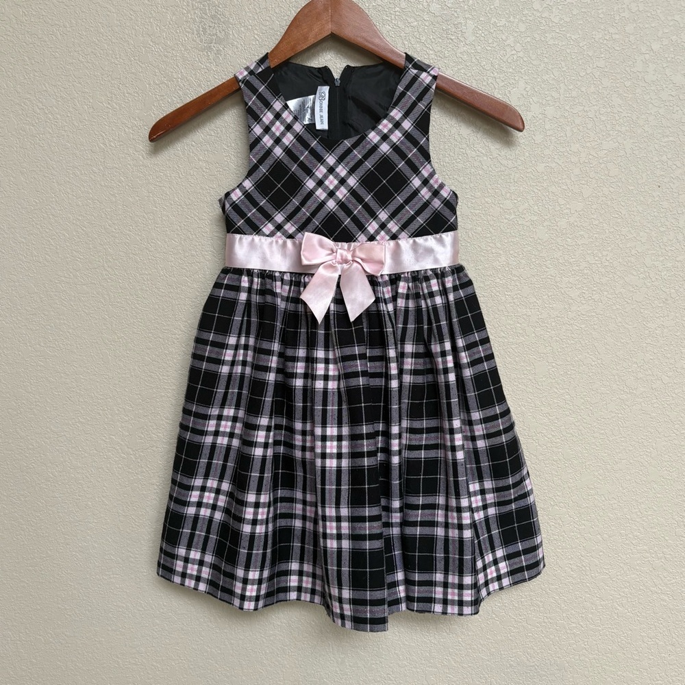 Bonnie Jean Plaid Sleeveless Dress Black White Pink Bow‎ Size 6 Midi